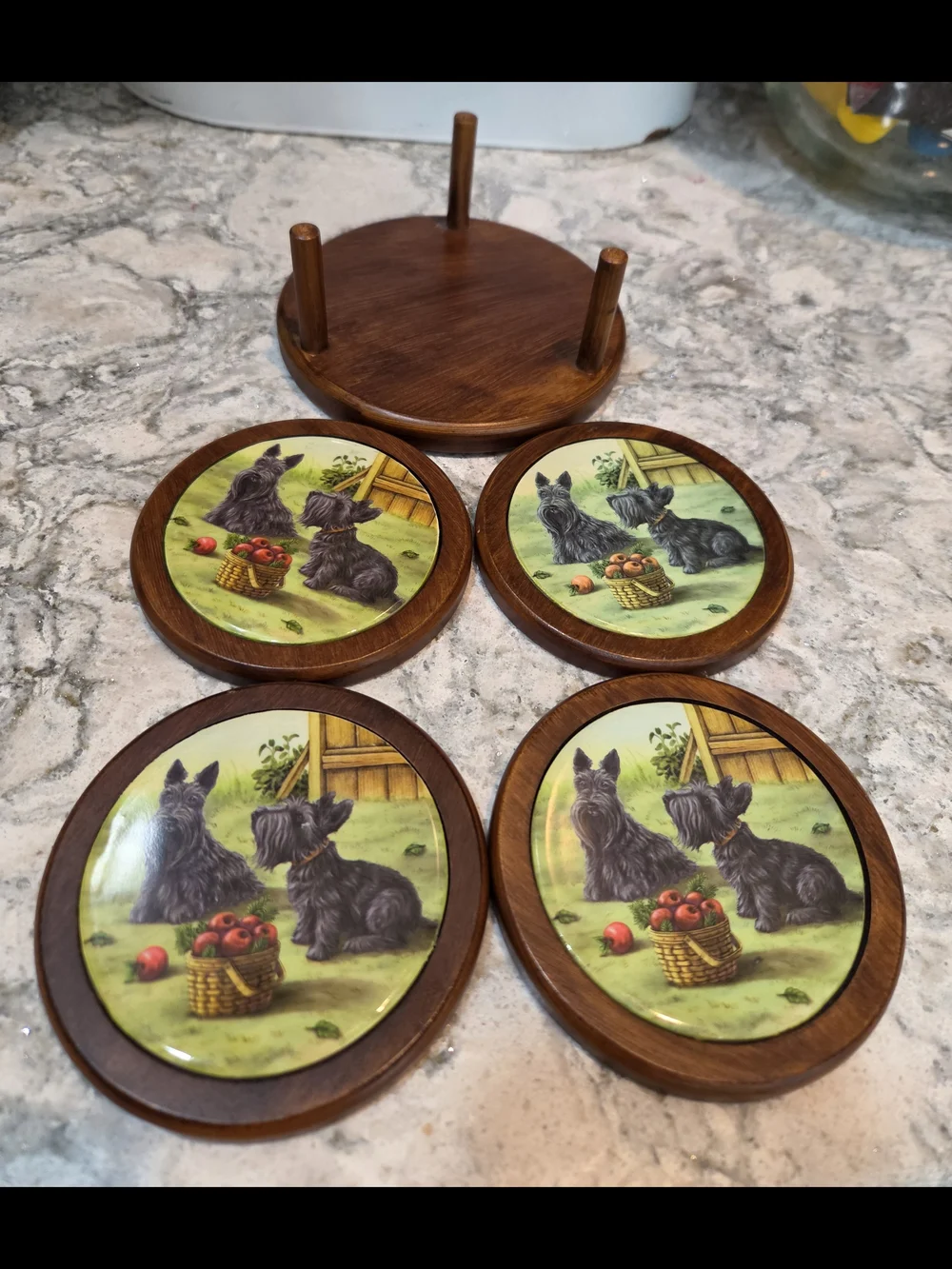 Set of 4 Coasters & Caddy Scottish Terriers Round Wood Ceramic Tiles Dogs 2002